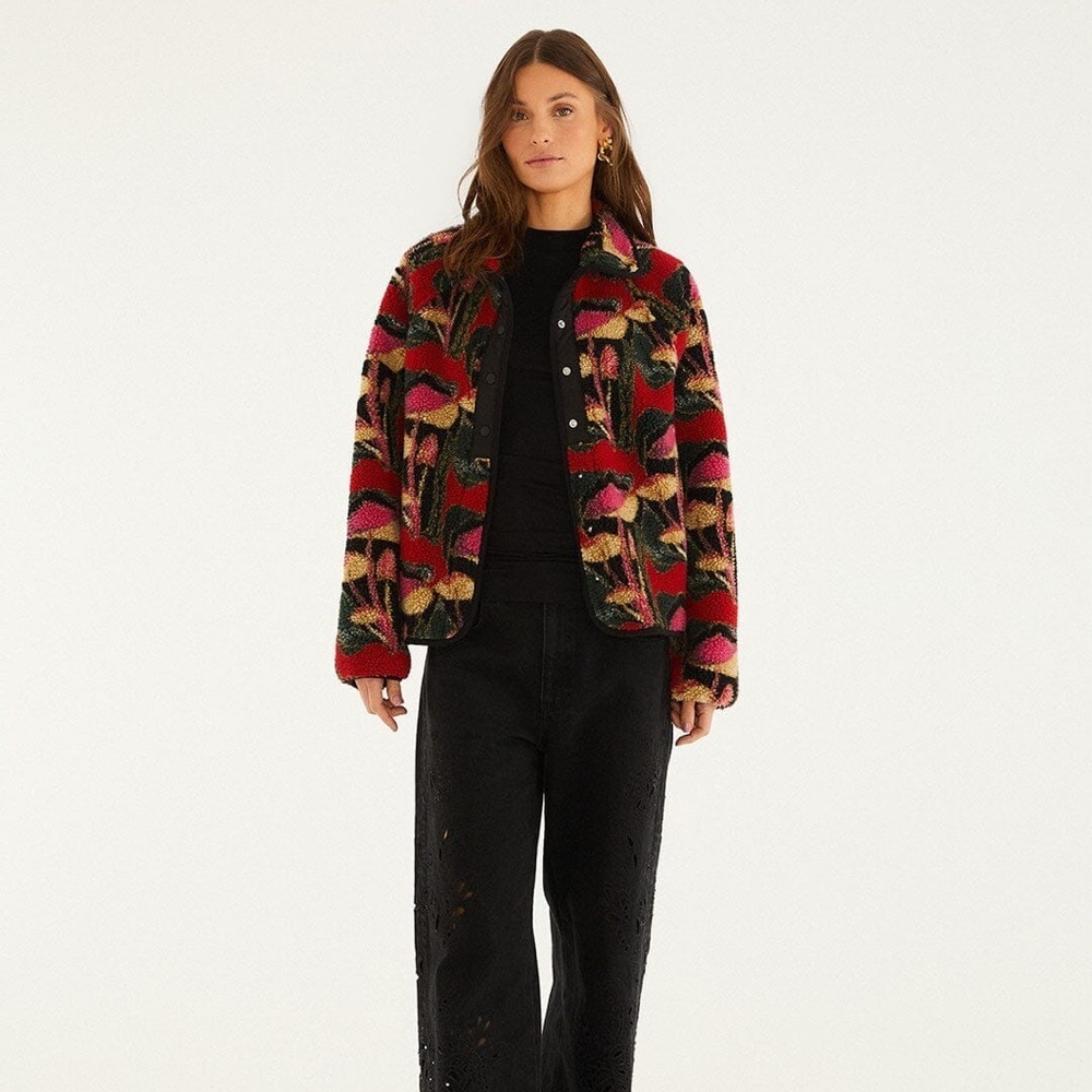 Farm Rio: Black Wild Mushrooms Fleece
Bomber Jacket